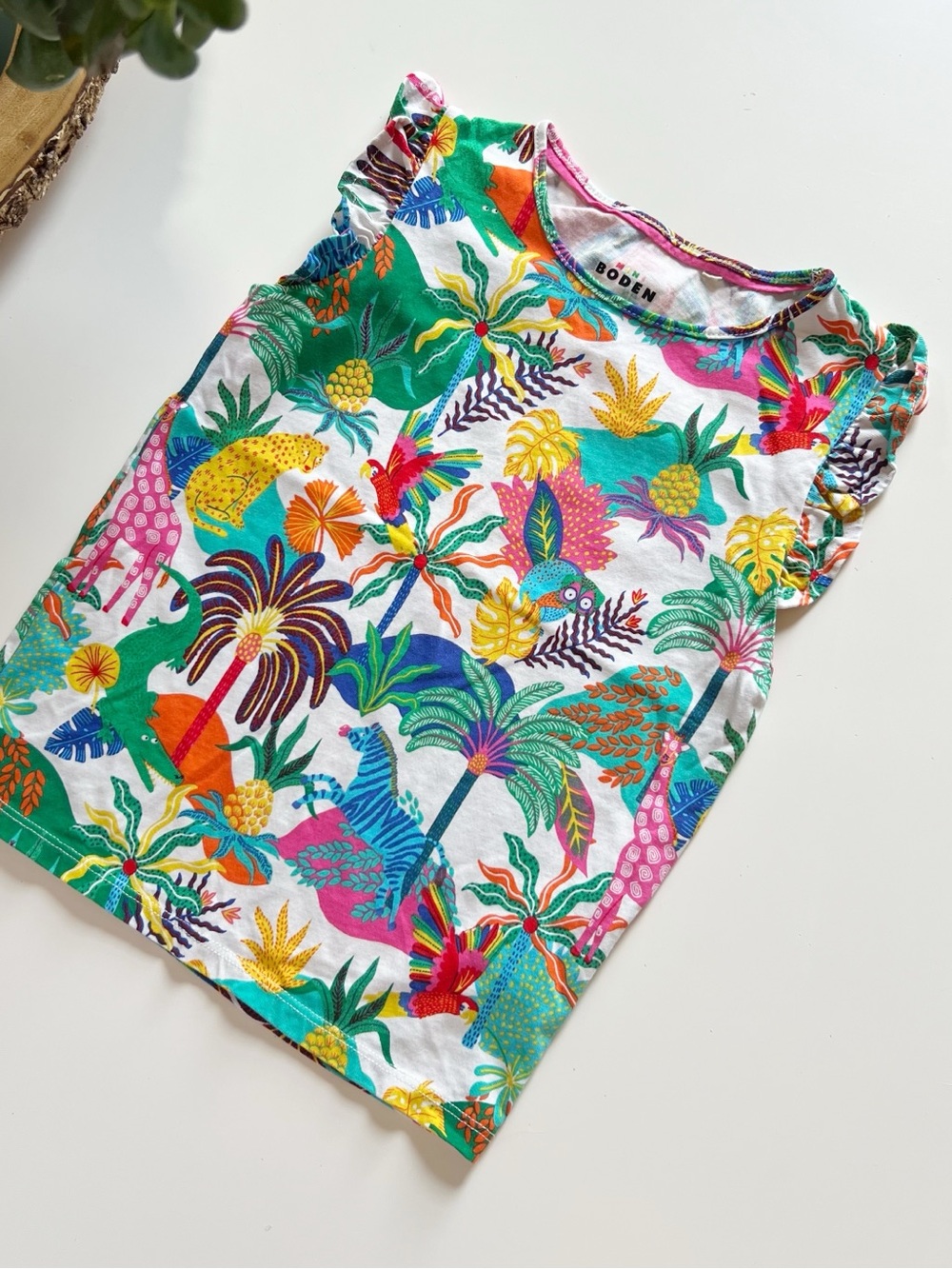Mini Boden Girls Tropical Print Ruffle Sleeve T-Shirt | 7-8